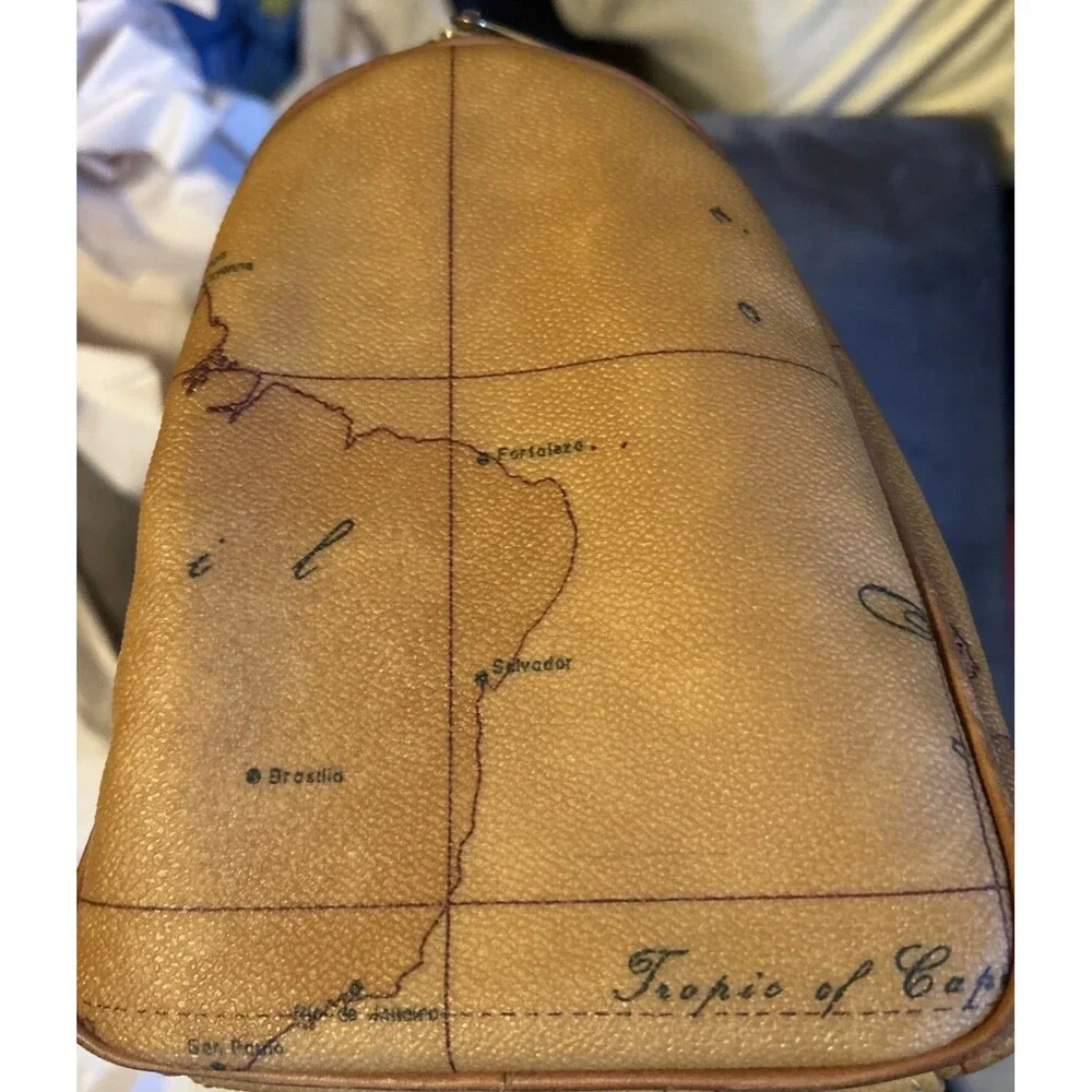 Alviero Martini World Geo Map Boston Satchel Italy canvas cognac leather good!